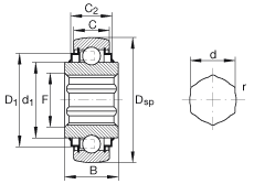 外球面球軸承 SK102-207-KRR-B-AH10, 球面外圈，內(nèi)圈帶六角形孔，兩側(cè) R 型密封